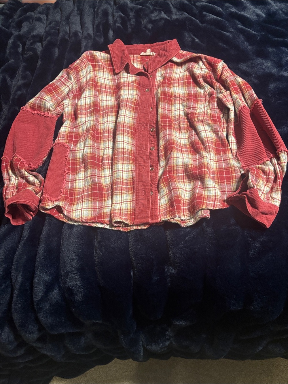 Red Plaid Button-Up Shirt with Ribbed Patch Details